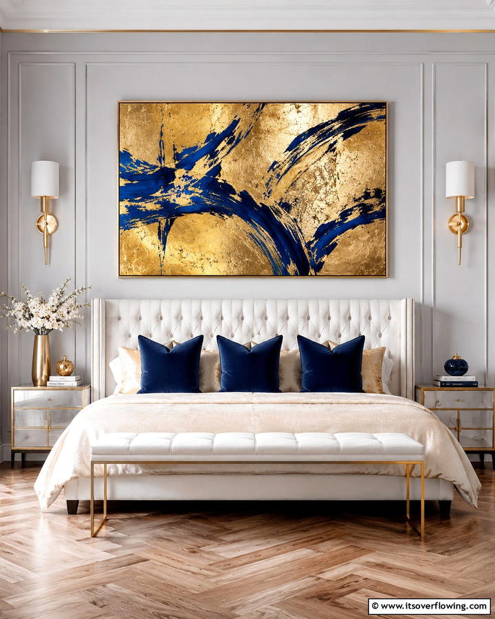 Gold Wall Art with Blue Highlights - 25 Blue and Gold Bedroom Ideas for a Regal Atmosphere