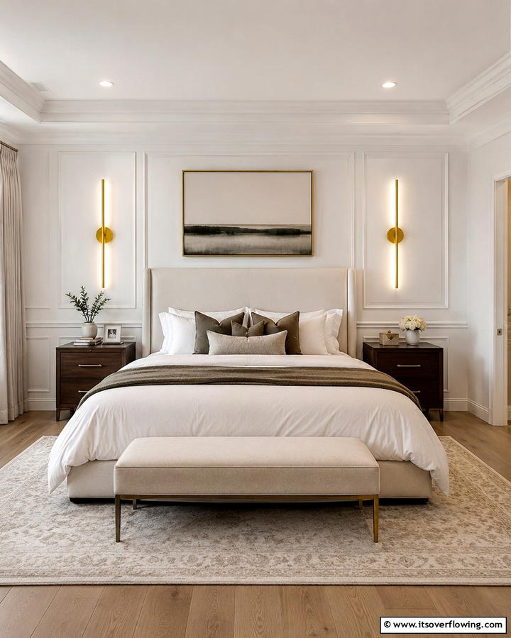Gold Wall Sconces - 25 White and Gold Bedroom Ideas for a Serene Retreat