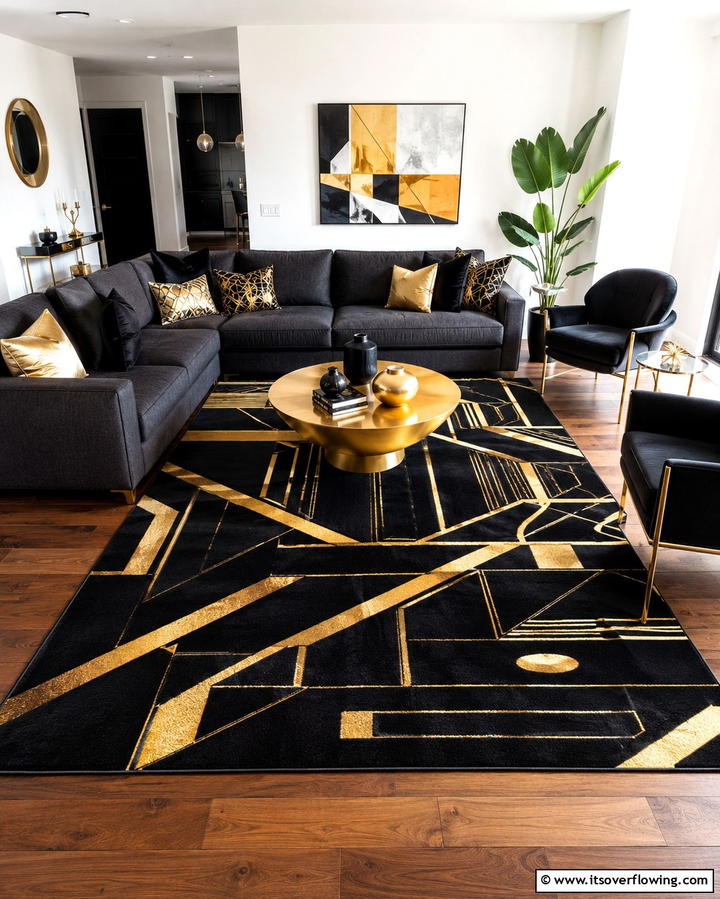 Gold and Black Geometric Rugs - 25 Black and Gold Living Room Ideas for a Luxurious Feel