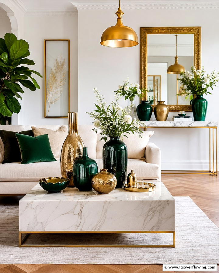 Gold and Green Decorative Vases for a Polished Look - 25 Emerald Green and Gold Living Room Ideas for Luxury