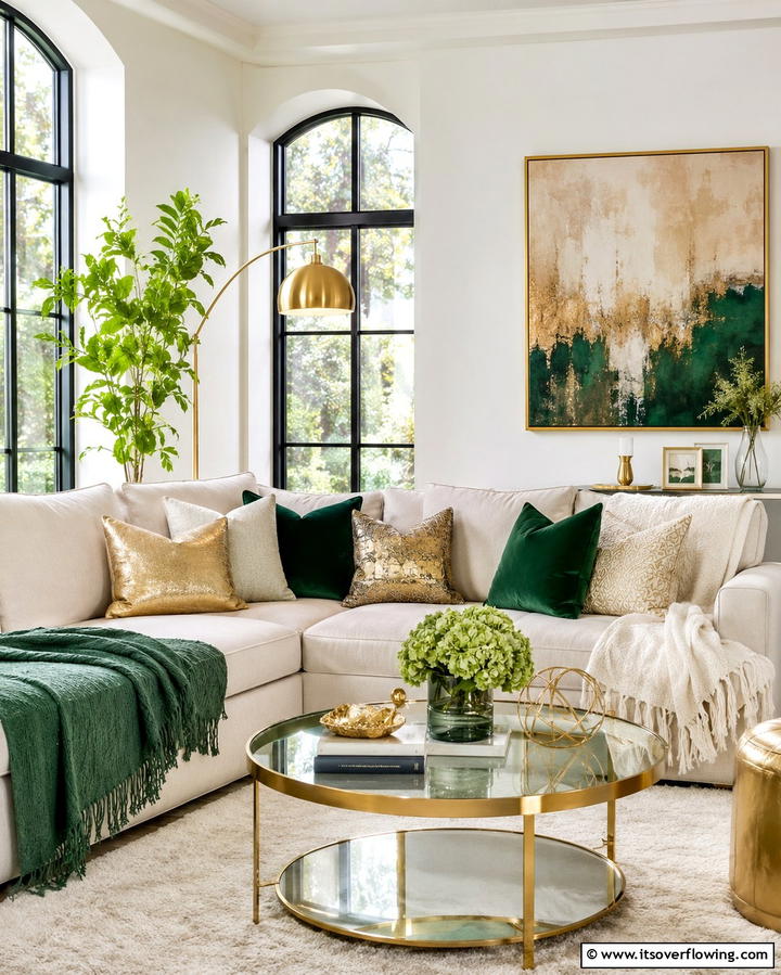 Gold and Green Throw Pillows for Texture - 25 Emerald Green and Gold Living Room Ideas for Luxury