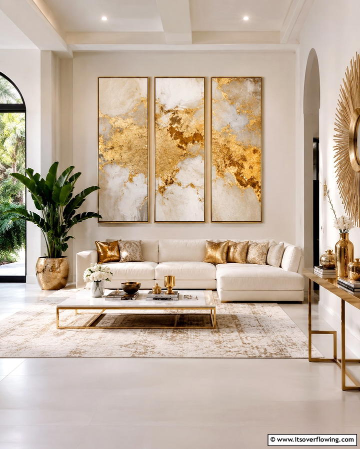Gold and White Artwork to Personalize the Space - 25 White and Gold Living Room Ideas for Elegance