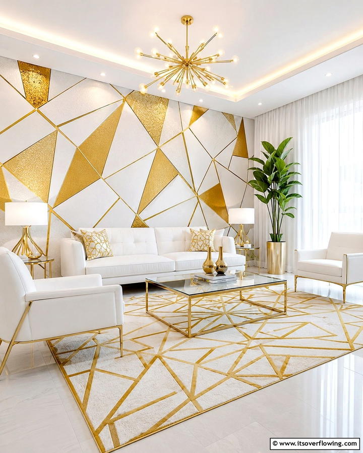 Gold and White Geometric Patterns - 25 White and Gold Living Room Ideas for Elegance
