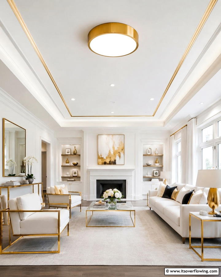 Gold and White Geometric Rugs for Visual Depth - 25 White and Gold Living Room Ideas for Elegance