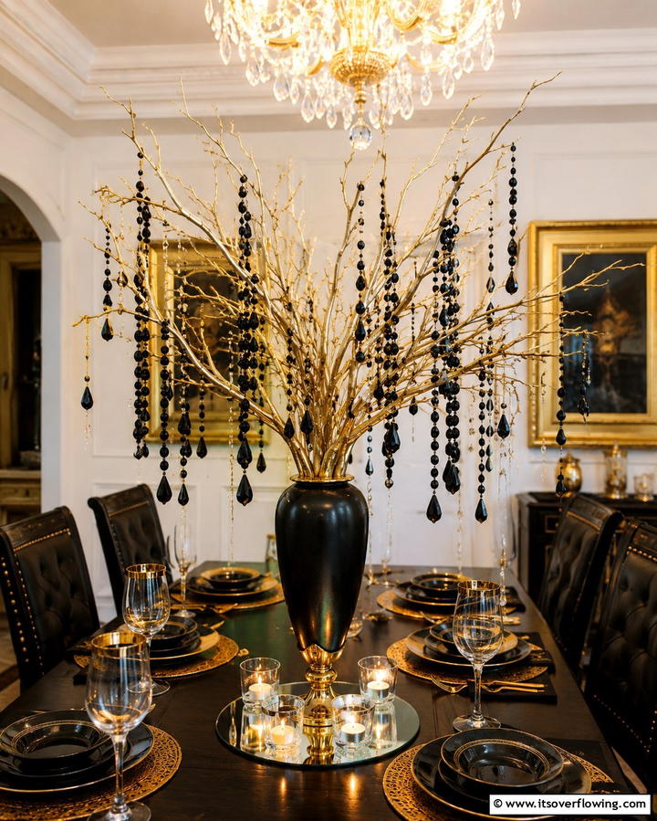 Golden Branches with Black Beads - 25 Stunning Black and Gold Centerpiece Ideas for Your Home