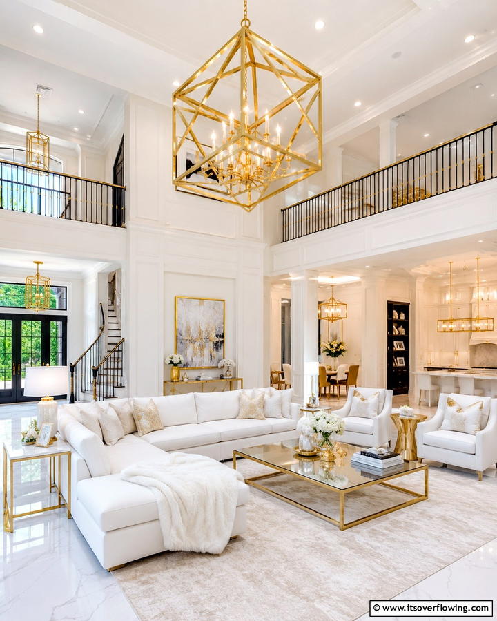 Golden Chandeliers for a Majestic Focal Point - 25 White and Gold Living Room Ideas for Elegance