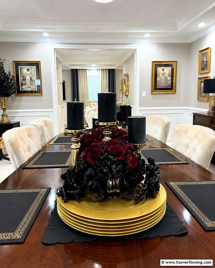 Golden Charger Plates with Black Decor - 25 Stunning Black and Gold Centerpiece Ideas for Your Home