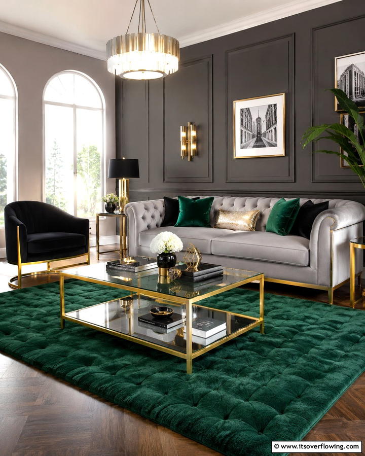 Golden Coffee Table with Glass Top - 25 Green and Gold Living Room Ideas for Luxury