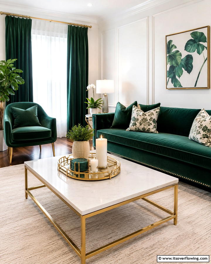 Golden Decorative Trays - 25 Green and Gold Living Room Ideas for Luxury