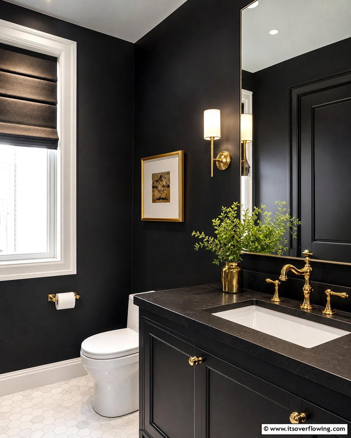 Golden Faucets on Matte Black Walls - 25 Luxurious Black and Gold Powder Room Ideas for Elegance