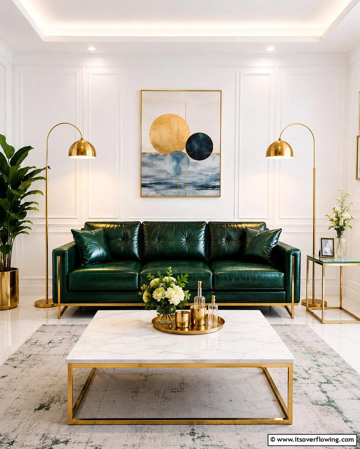 Golden Floor Lamps - 25 Green and Gold Living Room Ideas for Luxury