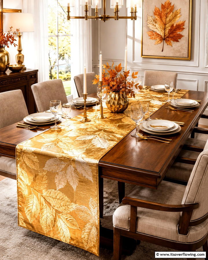 Golden Leaf Table Runner - 25 Fall Table Decor Ideas for a Seasonal and Festive Dining Experience