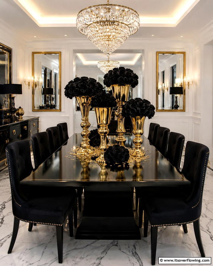 Golden Vases with Black Roses - 25 Stunning Black and Gold Centerpiece Ideas for Your Home