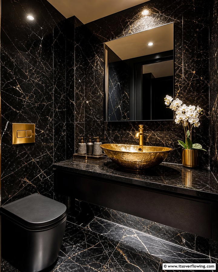 Golden Vessel Sink on Black Granite - 25 Luxurious Black and Gold Powder Room Ideas for Elegance