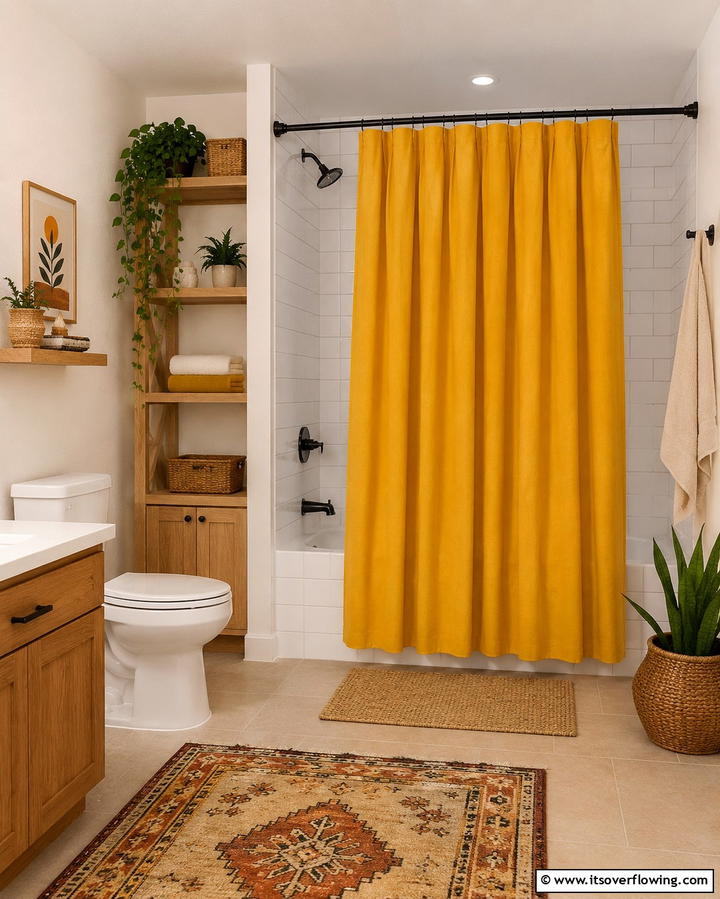 Golden Yellow Shower Curtain - 30 Cheerful Yellow Bathroom Decor Ideas for 2024