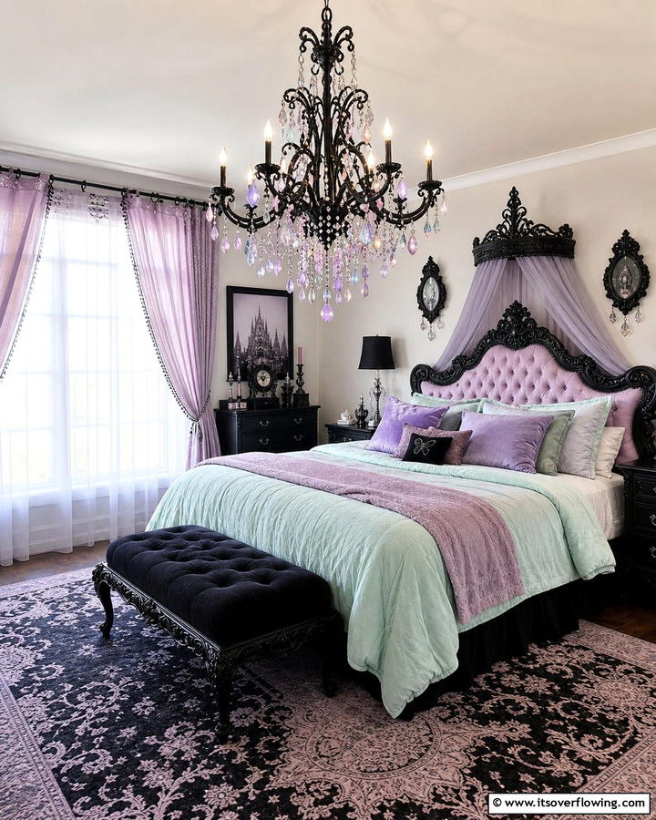 Gothic Chandelier with Pastel Crystals - 20 Pastel Goth Bedroom Ideas for a Unique Aesthetic