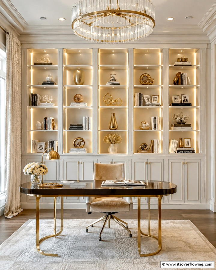 Graceful Cream and Gold Bookcase Styling - 30 Elegant Cream & Gold Living Room Themes for Luxe Interiors