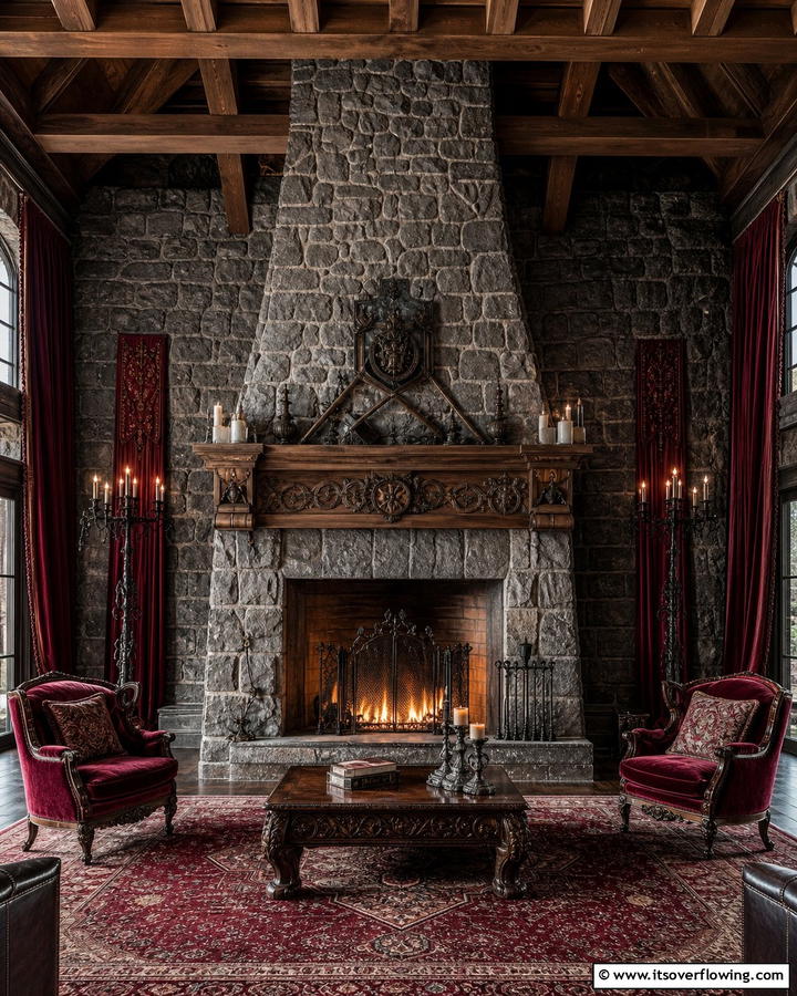 Grand Stone Fireplace - 25 Castle Living Room Ideas for a Majestic and Regal Ambiance