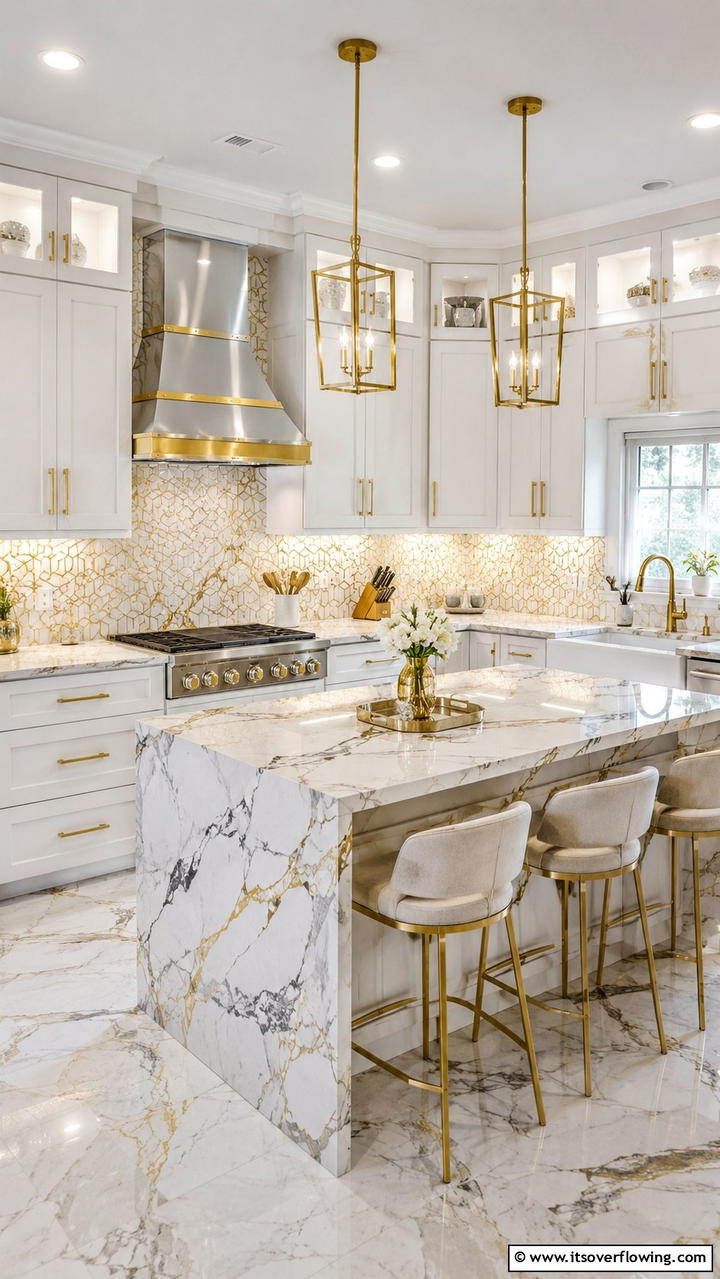 Granite Countertops Enhanced by Gold Touches - 21 White and Gold Kitchen Ideas for Timeless Elegance