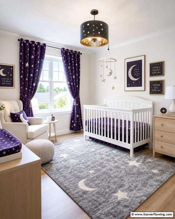 Grape Curtains with Star Patterns for a Celestial Theme - 20 Purple Nursery Ideas for a Dreamy Baby Room