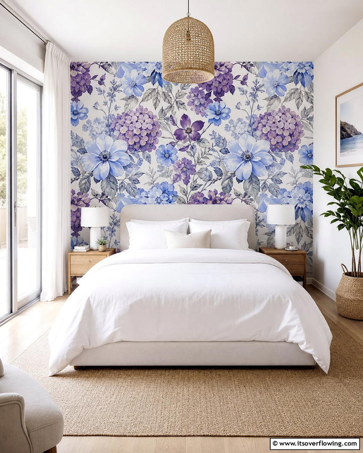 Grape and Sky Blue Floral Wallpaper - 20 Blue and Purple Bedroom Ideas- Vibrant & Cozy Designs