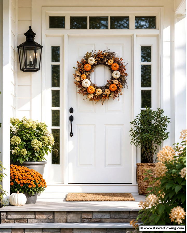 Grapevine Wreath with Mini Pumpkins - 25 Front Door Fall Decor Ideas for a Welcoming Entrance