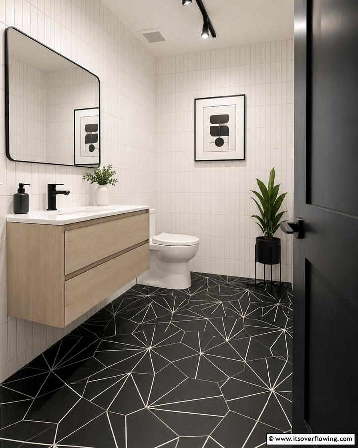 Graphic Black Tiles - 30 Powder Room Floor Tile Ideas for Elegant Small Spaces