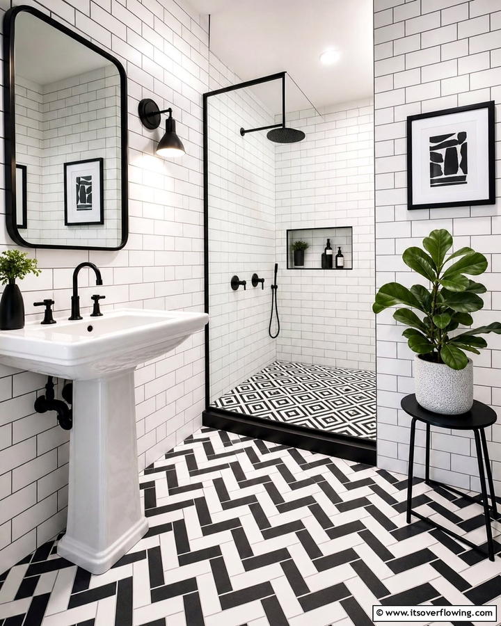 Graphic Tile Patterns - 21 Classic Black & White Bathroom Designs for Contrast