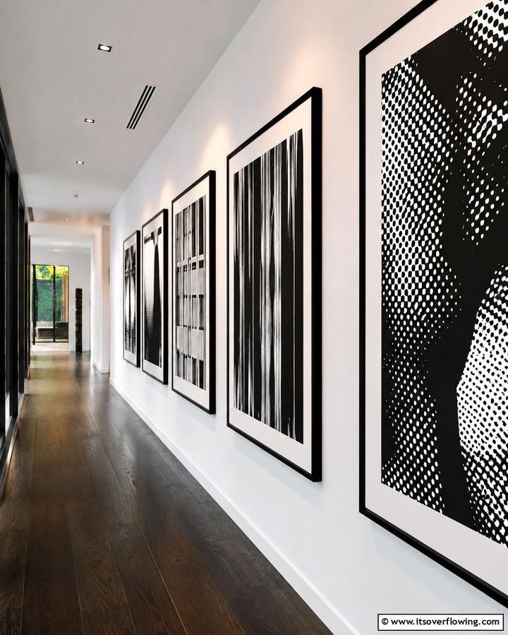 Graphic Wall Art Displays - 30 Chic Black and White Hallway Ideas for Timeless Elegance