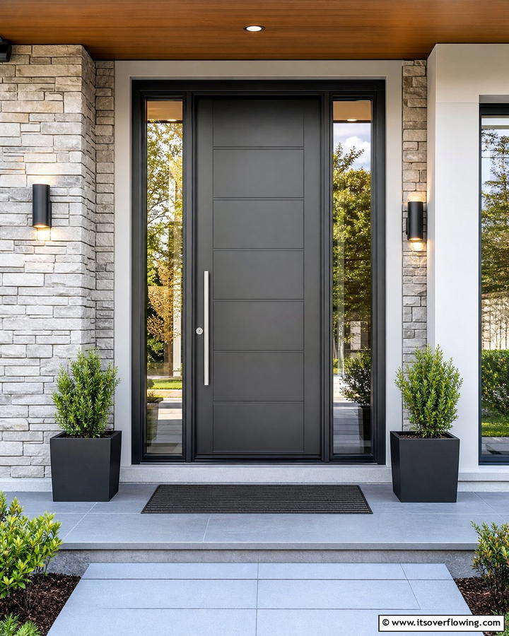Graphite Gray with Side Glass Panels - 20 Dark Gray Front Door Ideas for a Modern Entryway