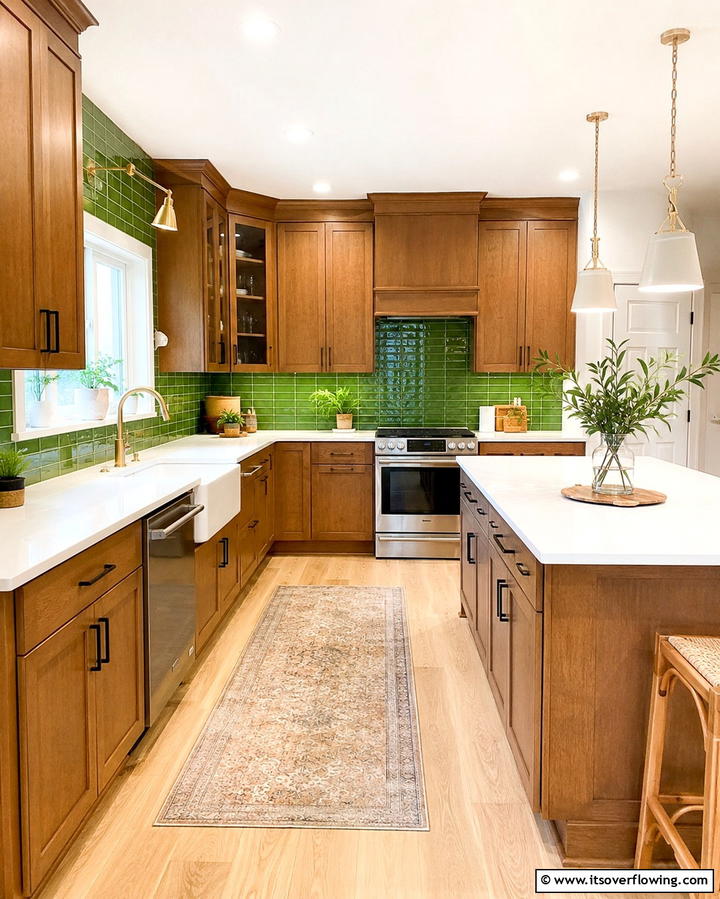 Grass Green Backsplash with Medium Brown Cabinets - 25 Warm Green and Brown Kitchen Design Ideas