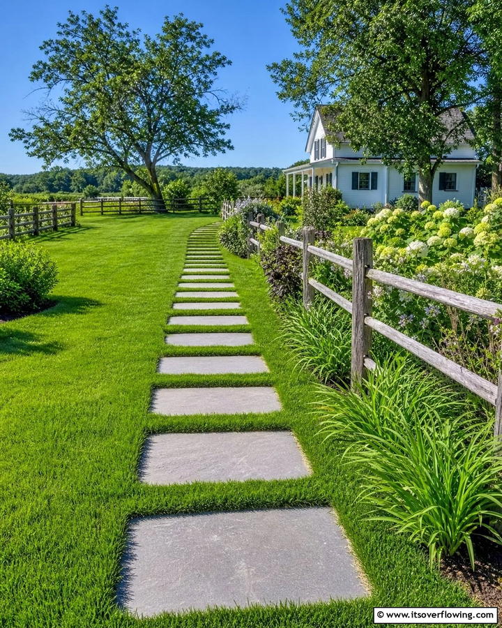 Grass Walkway with Paver Stones - 20 Farmhouse Walkway Ideas for a Rustic Charm