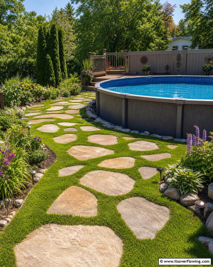 Grass and Stone Combination - 20 Above Ground Pool Walkway Ideas for Safety