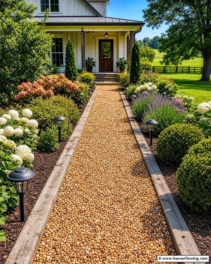 Gravel Walkway with Wooden Edging - 20 Farmhouse Walkway Ideas for a Rustic Charm