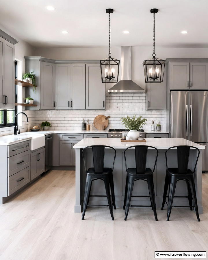 Gray Cabinets with Black Accents - 25 Farmhouse Kitchen with Gray Cabinets Ideas