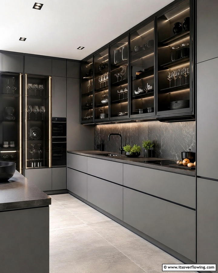 Gray Cabinets with Black Glass Doors - 25 Gray and Black Kitchen Ideas for a Modern Look