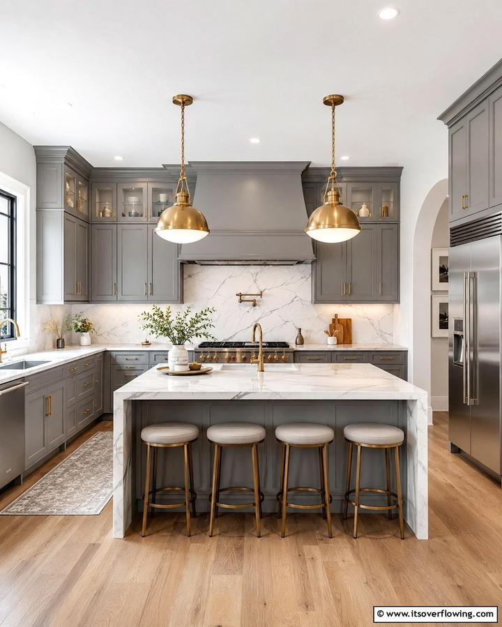 Gray Cabinets with Brass Hardware - 25 Farmhouse Kitchen with Gray Cabinets Ideas