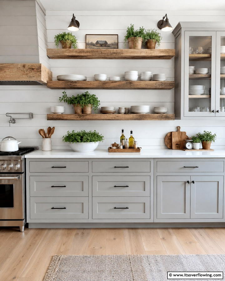Gray Cabinets with Open Shelving Accents - 25 Farmhouse Kitchen with Gray Cabinets Ideas