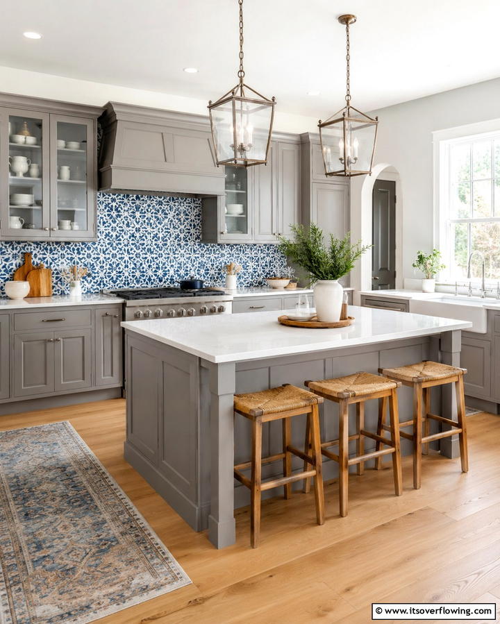 Gray Cabinets with Patterned Tile Backsplash - 25 Farmhouse Kitchen with Gray Cabinets Ideas