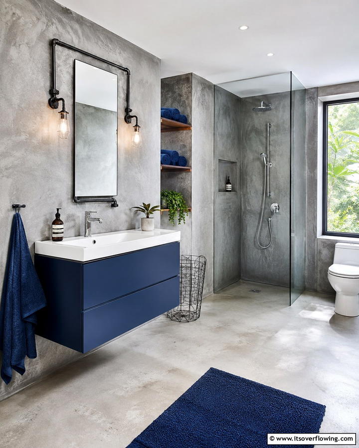 Gray Cement Walls with Blue Accents - 25 Blue and Gray Bathroom Ideas for a Modern Look