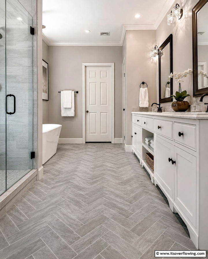 Gray Herringbone Patterns for Timeless Appeal - 30 Gray Floor Bathroom Design Ideas for Sleek Minimalism