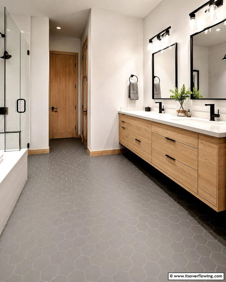 Gray Hexagon Tiles for a Modern Twist - 30 Gray Floor Bathroom Design Ideas for Sleek Minimalism
