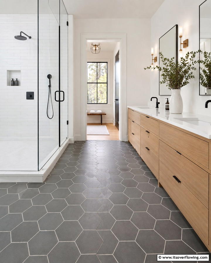 Gray Hexagonal Tiles for a Unique Pattern - 30 Gray Floor Bathroom Design Ideas for Sleek Minimalism