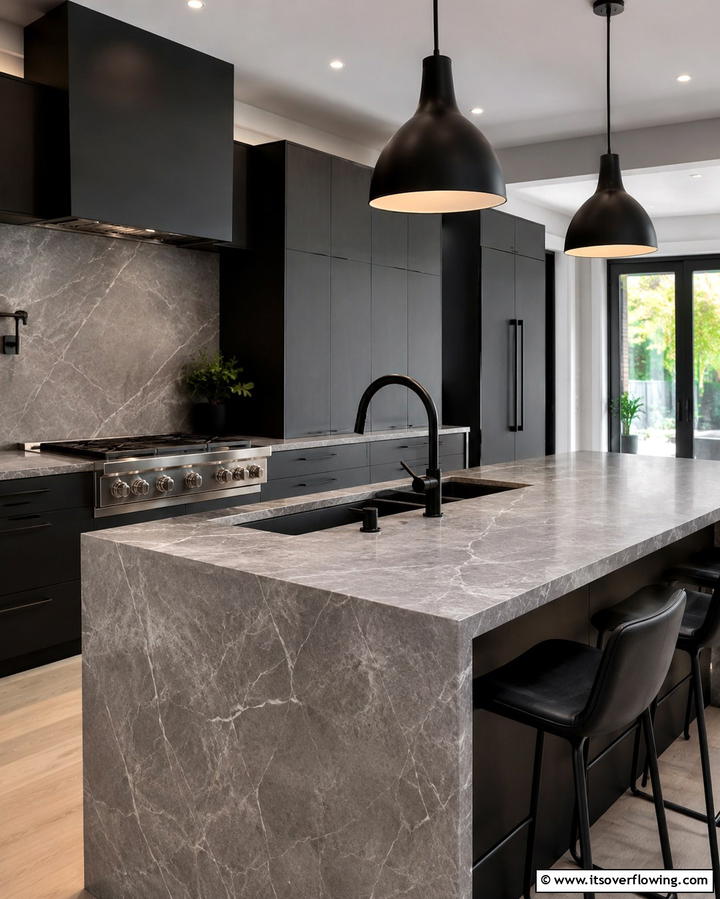 Gray Marble Countertops with Black Fixtures - 25 Gray and Black Kitchen Ideas for a Modern Look
