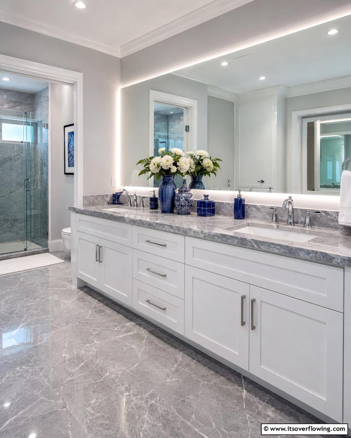 Gray Marble Countertops with Blue Accents - 25 Blue and Gray Bathroom Ideas for a Modern Look