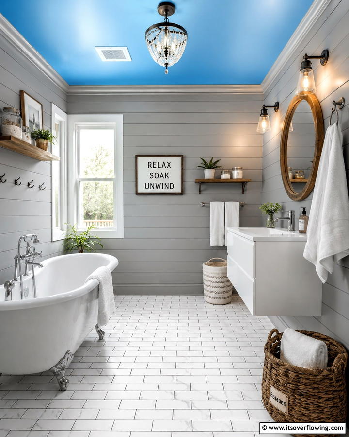 Gray Shiplap Walls with Blue Ceiling - 25 Blue and Gray Bathroom Ideas for a Modern Look