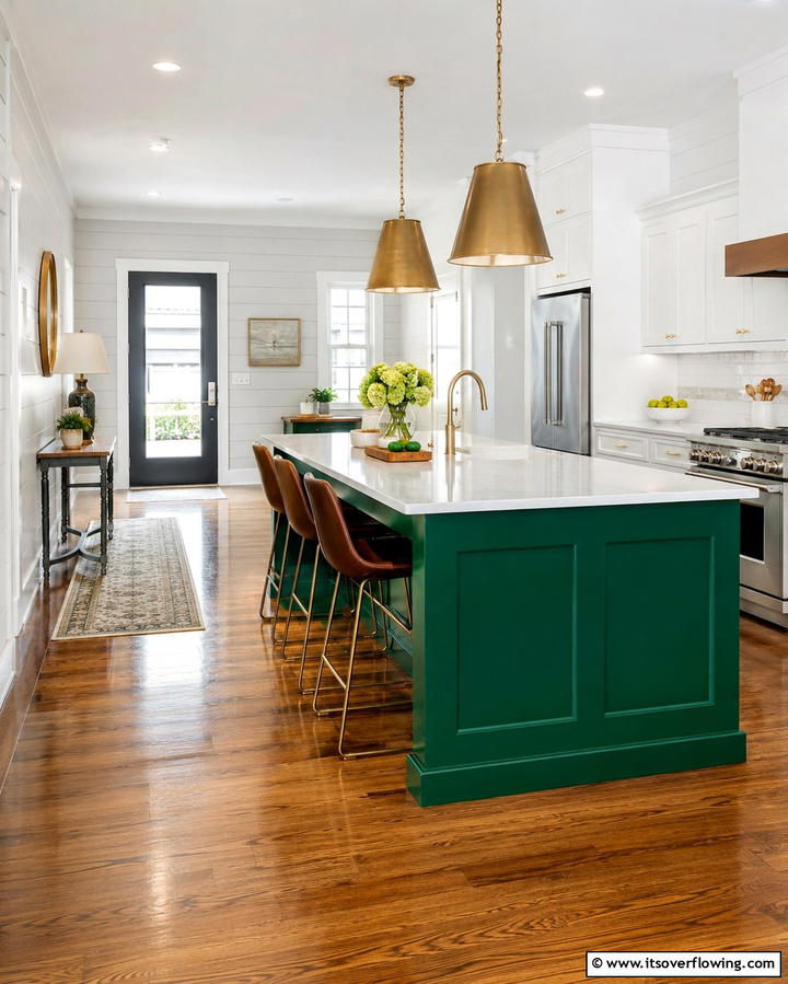 Gray Shiplap with a Boldly Colored Island - 20 Kitchen Shiplap Ideas with Kitchen Island Designs