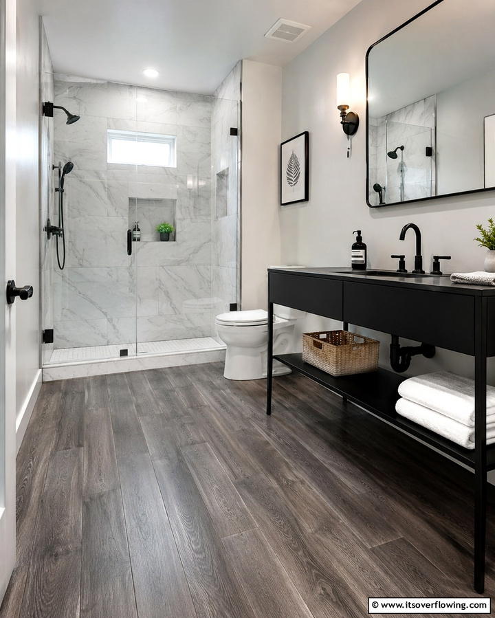 Gray Toned Wood for Modern Elegance - 30 Wood Floor Ideas for Bathrooms- Warmth Meets Function