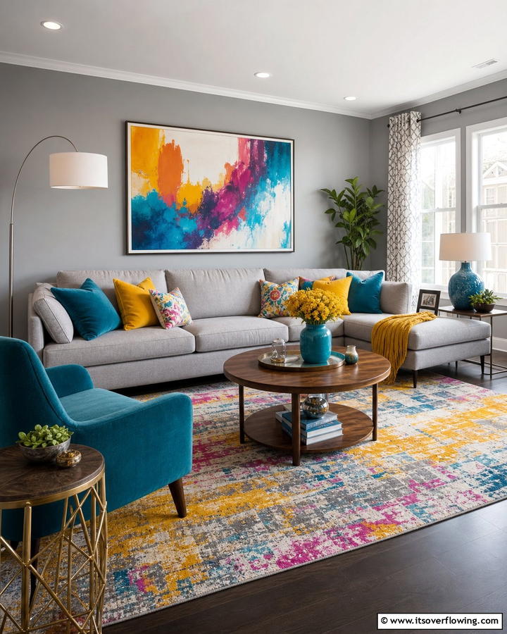 Gray with Vibrant Accent Colors - 21 Gray Living Room Ideas to Elevate Neutral Decor