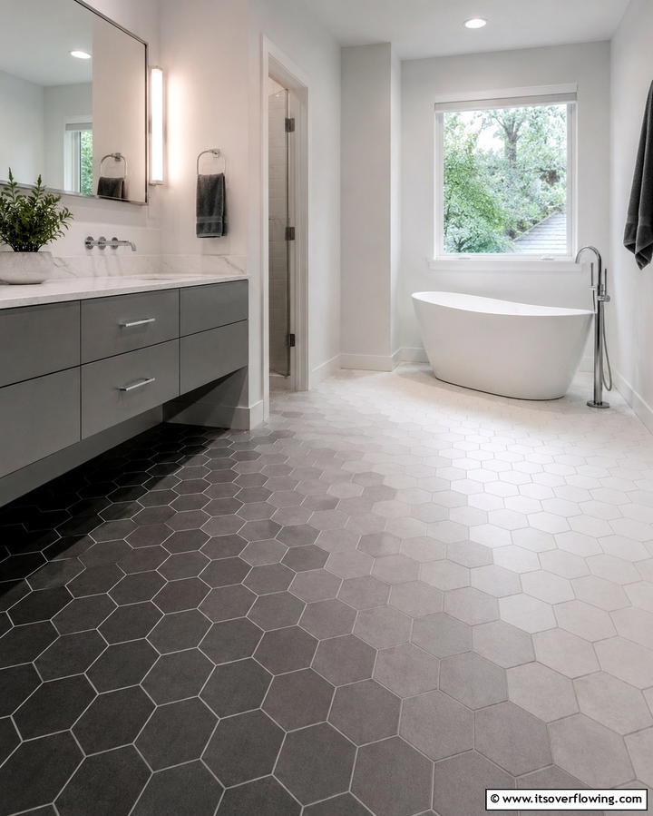 Grayscale Ombre Hexagon Tile Floors - 30 Bathrooms with Hexagon Tile Floor Design Ideas